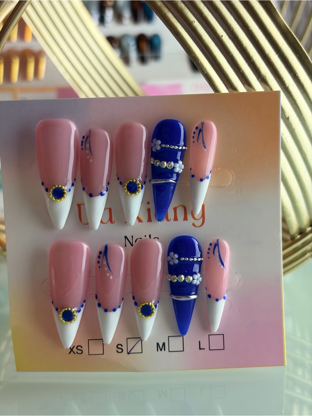 Pink & Royal Blue Stiletto Press-On Nails with Rhinestones small